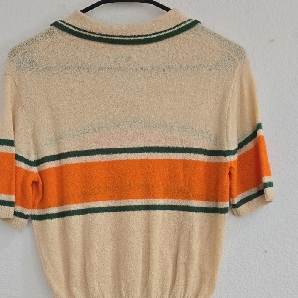NOBAN Cream & Orange Short Sleeve Polo Tee - 'Malbon' Script Golf Shirt - Picture 3 of 4
